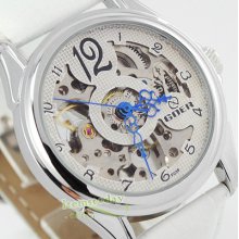 Goer White Skeleton Watch Women Lady Automatic See Through Leather