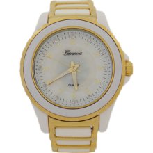 Gold And White Acrylic With Crystals Oversized Geneva Watch For Women