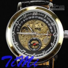 Gold Circle Skeleton Automatic Mechanical Watch Men