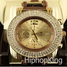 Gold Elegant Beautiful Iced Out Face Hip Hop Silicone Band Watch Steel Back