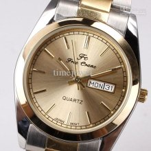 Golden Dial Day Date 2-tone Broad Stainless Steel Band Men Quartz Wr