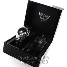 Guess Men Watch Ss Steel Bracelet Black Leather Strap Box Gift Set Day Date