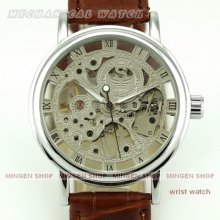 H013 - Silver Men Fashion Casual Pu Strap Skeleton Mechanical Hand-winding Watch