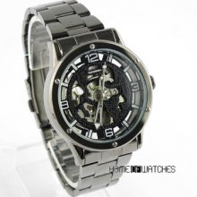 Hot Black Hollow Transparent Skeleton Automatic Mechanical S/steel Wrist Watch