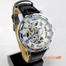 Hot Blue Roman Numerals Visible Skeleton Dial Automatic Mechanical Wrist Watch