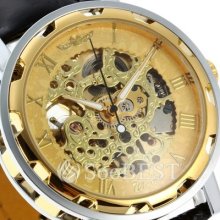 Hot Men Gold Tone Auto Automatic Skeleton Mechanical Leather Sport Wrist Watch