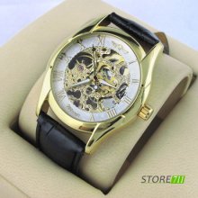 Hot Mens Golden Hollow Visible Skeleton Dial Hand-winding Mechanical Wrist Watch