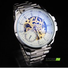 Hot Men's Hollow Skeleton Clcok Stainless Steel Automatic Mechanical Wrist Watch