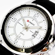 Hot Waterproof Quartz Dial Date Day Genuine Leather Wrist Watch + Box, W28-bw