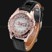 Ibeli Rose Gold Case Crystal Lady Women Black Leather Quartz Wrist Watch Cnp