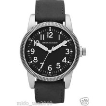 In Box Men's Burberry Military Stainless And Black Leather Watch $395 Bu7805