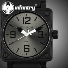 Infantry Black Army Sports Gift Quartz Square Rubber Analog Mens Wrist Watch