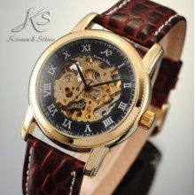 Ks Men's Automatic Skeleton Mechanical Classic Leather Band Analog Wrist Watch