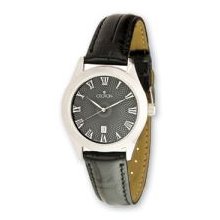 Ladies Black Dial Black Leather Band Watch