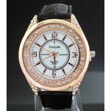 Ladies Crystal Leather Black Women Fashion Analog Quartz Watch Clock W624r