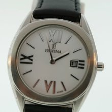 Ladies Festina 8935 White Dial W/ Date Stainless Steel Case Black Leather Watch