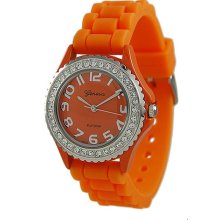 Ladies Orange Silicone Watch w/ Crystals on Silver Bezel - Sterling Silver - Silver - One Size