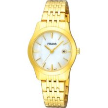 Ladies Pulsar Gold Tone Stainless Steel Mother of Pearl Dial Watch