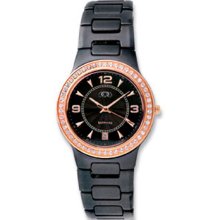 Ladies Rose Gold Immersion Plated Black Ceramic Couture Watch with CZ