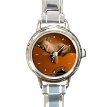 Ladies Round Italian Charm Bracelet Watch Cat Sleeping Gift model 26384877