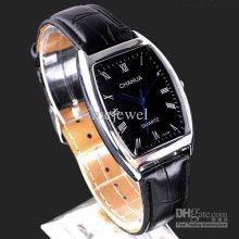 Lady Black Dial Blue Hands Oblong Case Leather Wristwatch Quartz N03