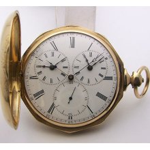 Large 58mm 14k Gold Rosselet Multi Dial 3 Timezone Hc Captain's Pocketwatch