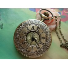 Large Antique Bronze Vintage Filigree Roman Golden Movement Round Pocket Watch Locket Pendants Necklaces with Chains FREE Ribbon