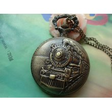 Large Antique Bronze Vintage Filigree Train With Large Head Round Pocket Watch Locket Pendants Necklaces with Chains FREE Ribbon