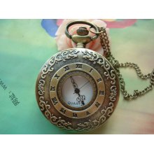 Large Antique Bronze Vintage Filigree Victorian Roman White Movement Round Pocket Watch Locket Pendants Necklaces with Chains FREE Ribbon