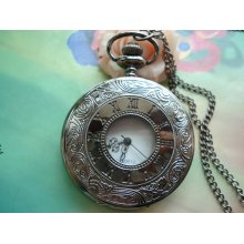 Large Antique Vintage Filigree Roman Black Numerals Victorian Round Pocket Watch Locket Pendants Necklaces FREE Ribbon