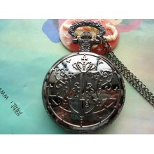 Large Gun Black Vintage Filigree Double Patterns Kuroshitsuji Black Butler Badges Round Pocket Watch Locket Pendants Necklaces