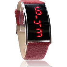 Leather Red PU Band Elagant Women Silvery Frame Red LED Wrist Watch