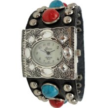 Limited Edition Genuine Black Leather Watch w/ Semi Precious Stones