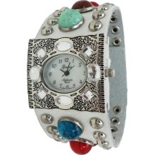 Limited Edition Genuine White Leather Watch w/ Multi Semi Precious Stones - Leather - White