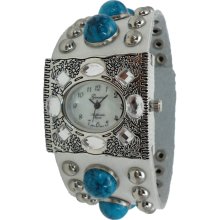 Limited Edition Genuine White Leather Watch w/ Genuine Turquoise Stones - White Gold - Turquoise