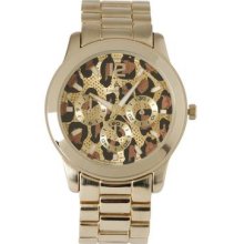 Louis Arden La7052 Ladies Oversized Round Gold Tone Leopard Print Watch