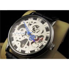 Luxury Automatic Silver Tone Skeleton Mechanical Men Leather Wrist Watch