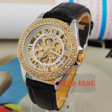 Luxury Golden Crystals Automatic Mechanical Women Lady Wrist Watch Black Band