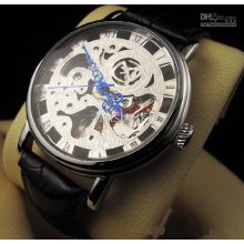 Luxury Mechanical Men Watch, Skeleton Analog Automatic Black Leather