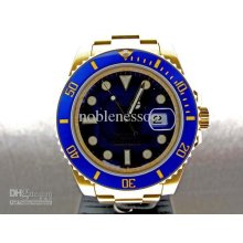 Luxury Mens Sapphire Sub Blue Dial 18k Yellow Gold Ceramic Bezel 116