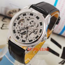 Luxury See Through Silver Skeleton Leather Rome Mens Auto Mechanical Wrist Watch