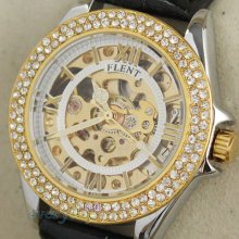 Luxury Women Mechanical Self Wind Wrist Watch Golden Skeleton With Crystals