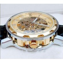 man watches Mens Luxury Watch Gold Tone Skeleton Auto Leather Gift watch - Gold - Leather