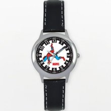 Marvel Kids Spiderman Japanese Quartz Time Teacher Black Leather Strap Watch