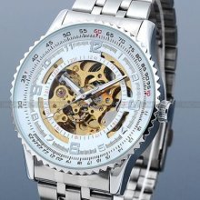 Mechanical Analog White Skeleton Stainless Steel Mens Wrist Watch Gift Usts