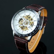 Men Casual Style Mechanical Wrist Watch Brown Leather Clock Self Winding Analog