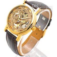 Men Leather Wristwatches Mechanical Skeleton Watch Back Glass Hollow