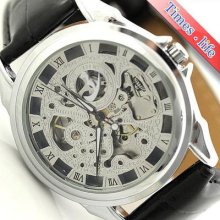 Mens Automatic Wrist Watch Mechanical Silver See Through Leather Skeleton Rome