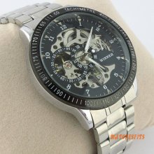 Men's Black Hollow Skeleton Automatic Mechanical Stainless Steel Wrist Watch