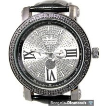 Mens Diamond Gunmetal Black Watch Leather Strap Ice Out Master Maxx Joe Aqua